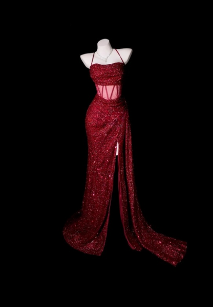 Robe de Bal Rouge Bretelles Fines Fourreau Tulle Paillettes Longue Robe de Soirée ED07628