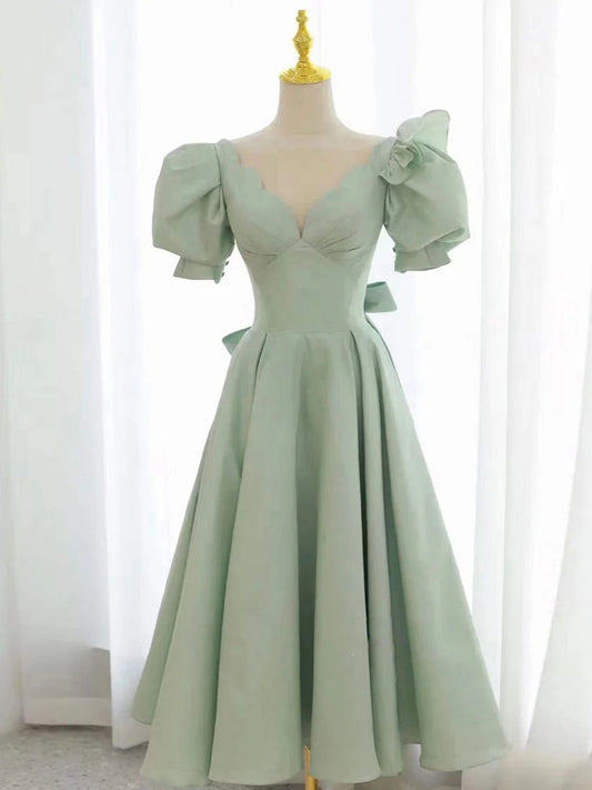 Robe de bal courte en satin vert simple à col en V, robe de soirée verte ED0763