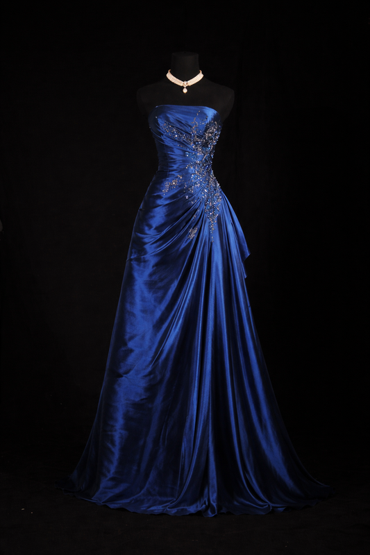 Blue Prom Dress Sheath Strapless Beaded Satin Long Evening Dress ED07630
