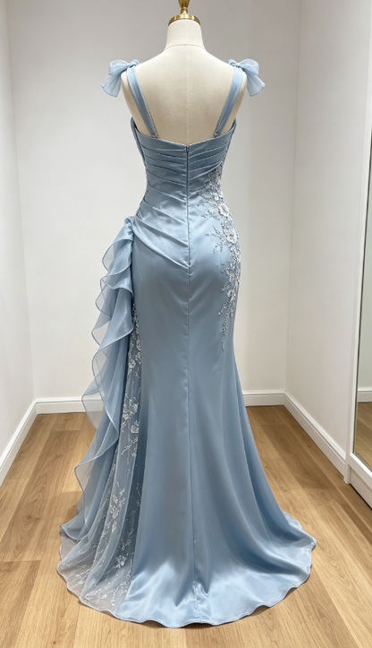 Robe de bal bleue fourreau à bretelles en satin avec appliques, robe de soirée longue ED07632