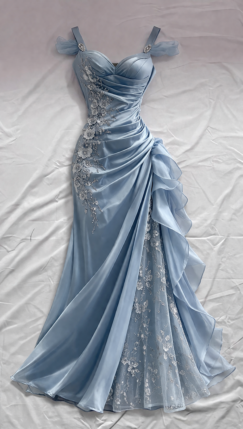 Robe de bal bleue fourreau à bretelles en satin avec appliques, robe de soirée longue ED07632