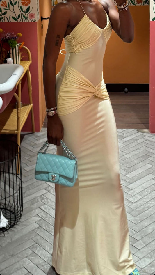 Yellow Beach Party Dress Satin Prom Dress Sheath Halter Long Evening Dress ED07633