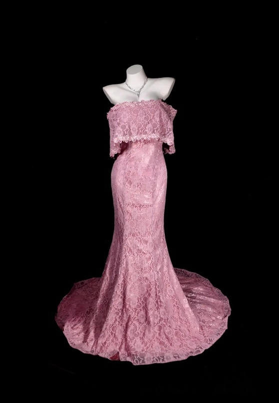 Robe de soirée longue rose sirène à épaules dénudées avec dentelle ED07639