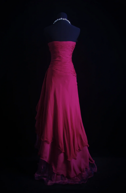 Robe de bal longue rose fluo sans bretelles, robe de soirée trapèze, robe de cérémonie en mousseline de soie ED07640