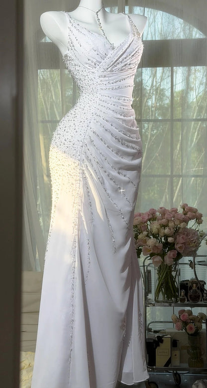 White Prom Dress Spaghetti Straps Sheath Chiffon Sequins Long Evening Dress ED07641