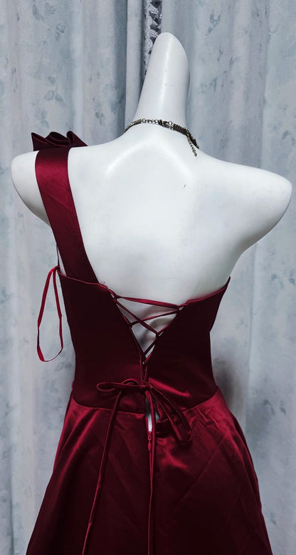 Robe de bal bourgogne asymétrique ligne A en satin longue robe de soirée ED07643