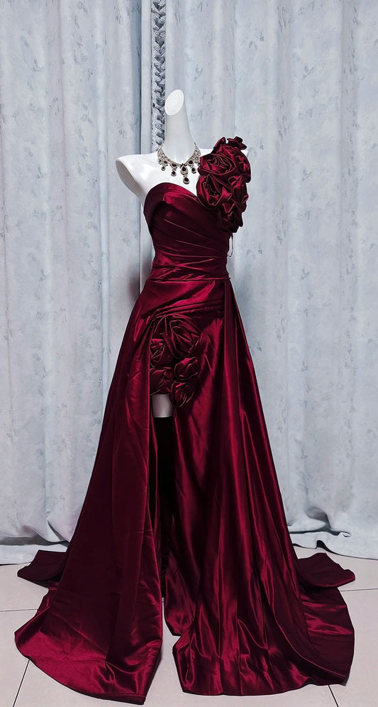 Burgundy Prom Dress One-shoulder A-Line Satin Long Evening Dress ED07643