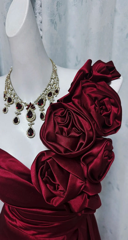 Robe de bal bourgogne asymétrique ligne A en satin longue robe de soirée ED07643
