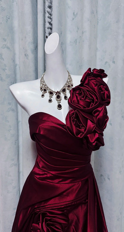 Robe de bal bourgogne asymétrique ligne A en satin longue robe de soirée ED07643