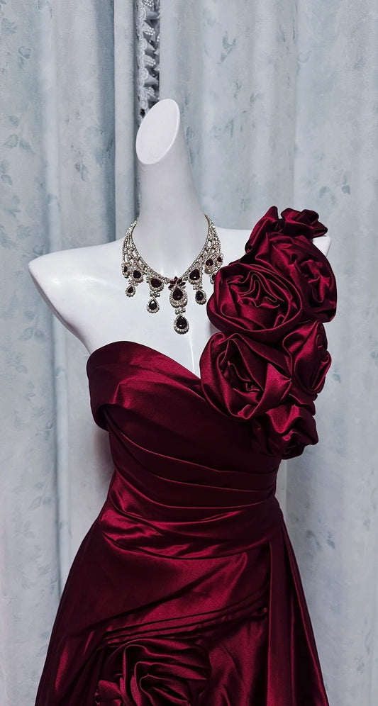 Burgundy Prom Dress One-shoulder A-Line Satin Long Evening Dress ED07643