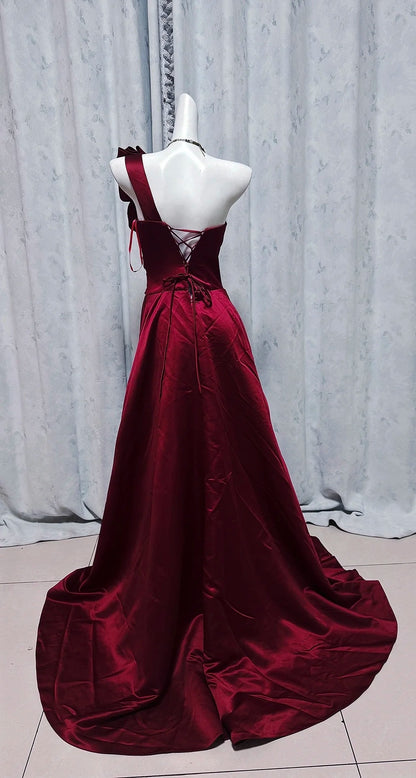 Robe de bal bourgogne asymétrique ligne A en satin longue robe de soirée ED07643