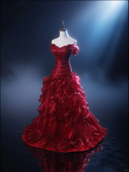 Burgundy Prom Dress Gorgeous Strapless Ball Gown Tulle Long Sweet 16 Dress ED07645