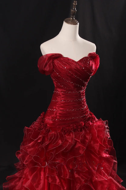 Burgundy Prom Dress Gorgeous Strapless Ball Gown Tulle Long Sweet 16 Dress ED07645
