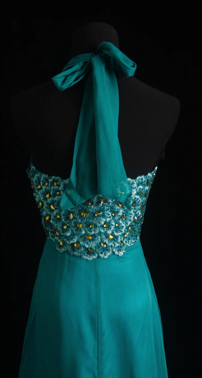 Magnifique Robe de Bal Fourreau en Mousseline de Soie Bleu Canard avec Col Halter, Robe de Soirée Longue ED07646