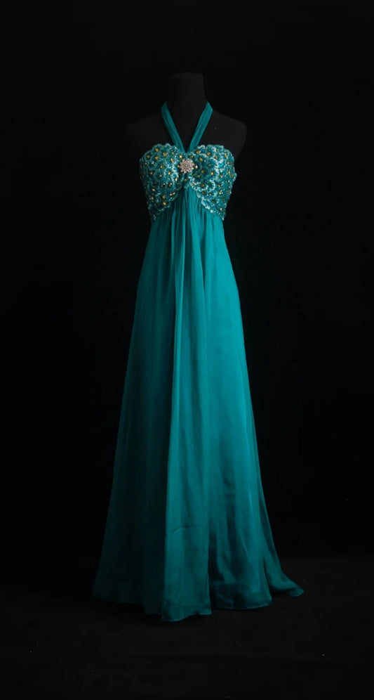 Magnifique Robe de Bal Fourreau en Mousseline de Soie Bleu Canard avec Col Halter, Robe de Soirée Longue ED07646