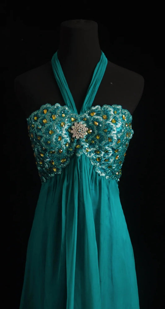 Magnifique Robe de Bal Fourreau en Mousseline de Soie Bleu Canard avec Col Halter, Robe de Soirée Longue ED07646