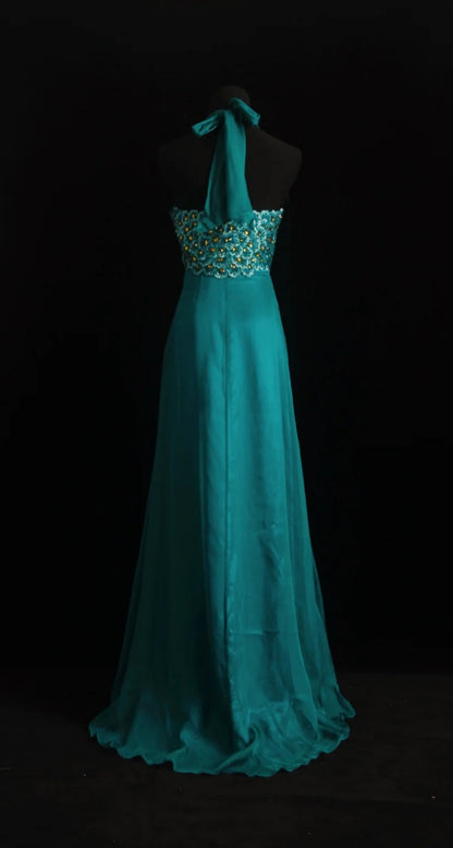 Magnifique Robe de Bal Fourreau en Mousseline de Soie Bleu Canard avec Col Halter, Robe de Soirée Longue ED07646