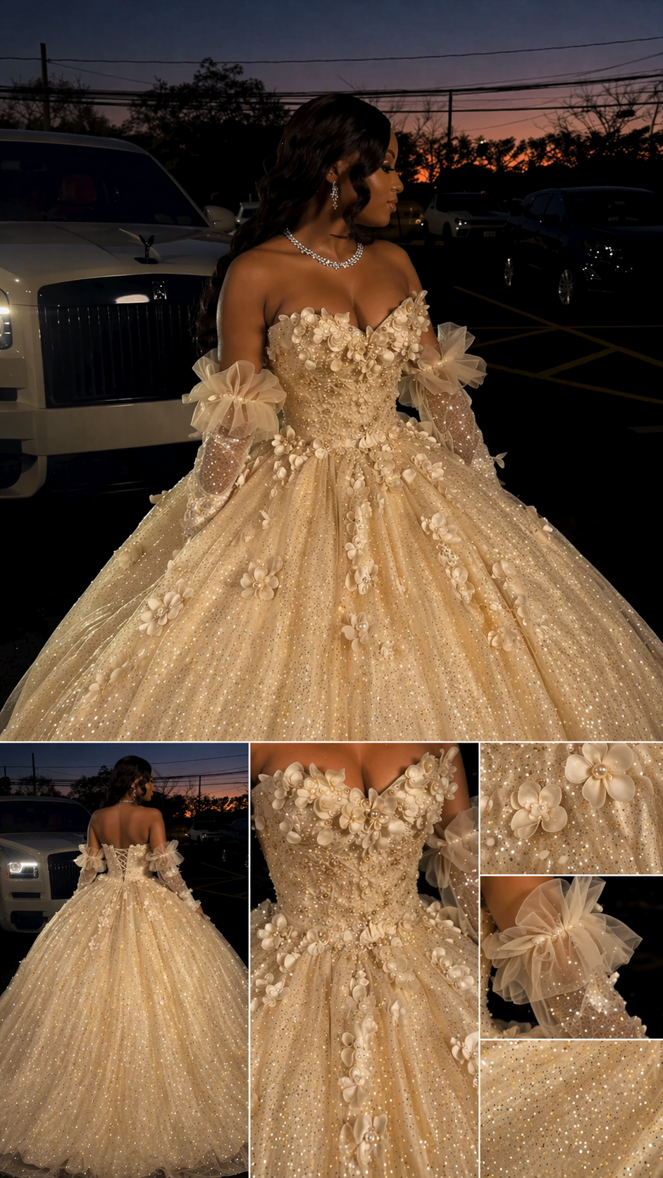 Robe de bal champagne magnifique bustier en tulle avec appliqués Robe de Quinceanera longue et élégante Robe de bal douce 16 ED07649