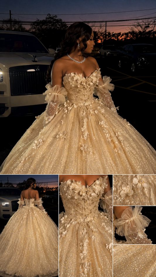 Champagne Prom Dress Gorgeous Sweetheart Ball Gown  Quinceanera Dress Tulle Appliques Long Sweet 16 Dress ED07649