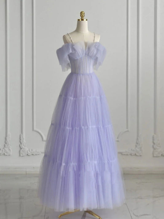 A-Linie Lila Tüll Langes Ballkleid, Lila Abendkleid ED0765