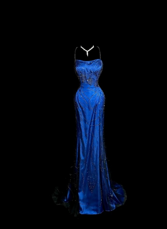 Blue Prom Dress  Spaghetti Straps Sheath Long Evening Dress Satin Beaded Formal Dress ED07651