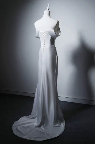 Robe de bal blanche fourreau épaule dénudée longue robe de soirée en satin Robe formelle ED07653