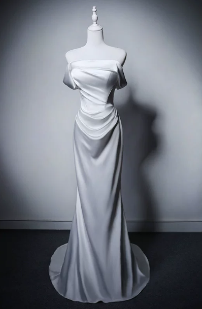 White Prom Dress Off-shoulder Sheath Long Evening Dress Satin Formal Dress ED07653
