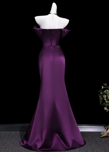 Robe de bal violette Robe de soirée longue fourreau à épaules dénudées Robe de soirée en satin ED07654