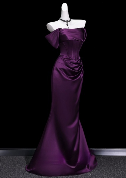 Robe de bal violette Robe de soirée longue fourreau à épaules dénudées Robe de soirée en satin ED07654