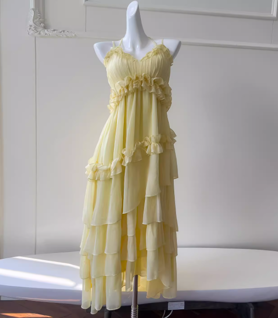 Robe de bal jaune avec bretelles fines, robe de soirée longue fourreau en mousseline, robe de cérémonie ED07655