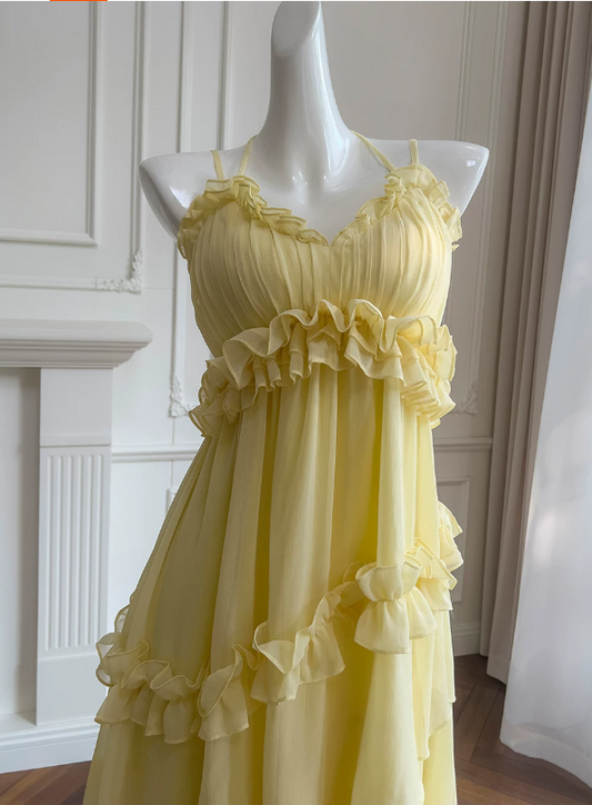 Yellow Prom Dress Spaghetti Straps Sheath Long Evening Dress Chiffon Formal Dress ED07655