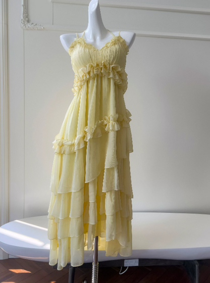 Robe de bal jaune avec bretelles fines, robe de soirée longue fourreau en mousseline, robe de cérémonie ED07655