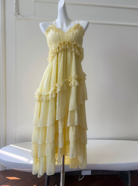 Yellow Prom Dress Spaghetti Straps Sheath Long Evening Dress Chiffon Formal Dress ED07655
