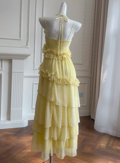Robe de bal jaune avec bretelles fines, robe de soirée longue fourreau en mousseline, robe de cérémonie ED07655