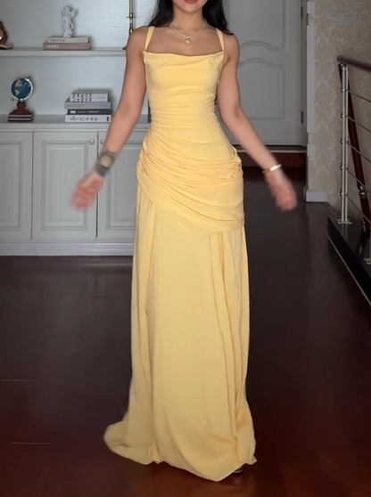 Yellow Prom Dress Spaghetti Straps Sheath Chiffon Long Evening Dress  ED07658