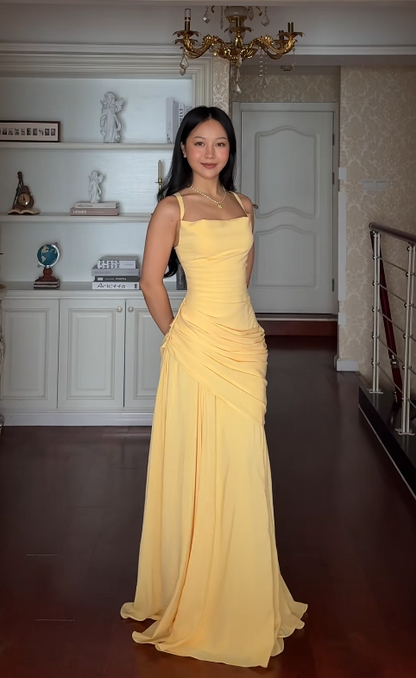 Yellow Prom Dress Spaghetti Straps Sheath Chiffon Long Evening Dress  ED07658