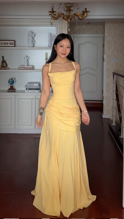 Yellow Prom Dress Spaghetti Straps Sheath Chiffon Long Evening Dress  ED07658