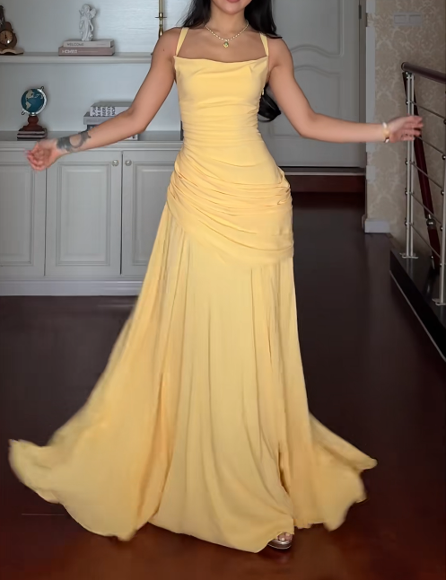 Yellow Prom Dress Spaghetti Straps Sheath Chiffon Long Evening Dress  ED07658