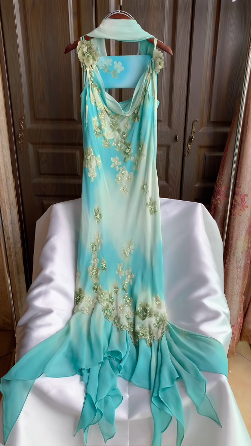 Blue Prom Dress  Spaghetti Straps Sheath Chiffon Long Evening Dress  ED07659