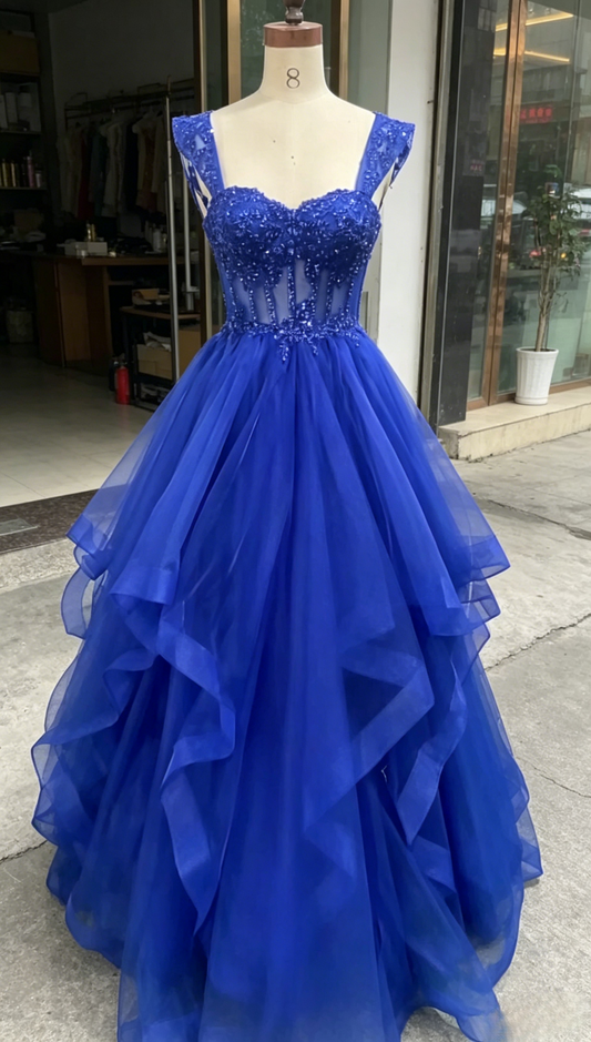 Royal Blue Prom Dress Straps  A-Line Tulle Applique Long Evening Dress ED07661