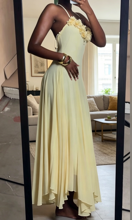 Yellow Prom Dress Halter Beach Party Dress Sheath Chiffon Long Evening Dress ED07664