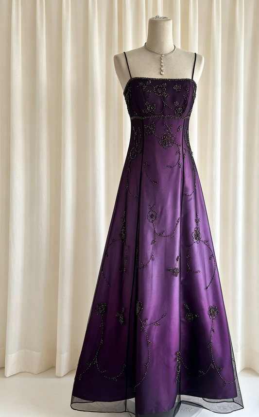 Lila Abschlussballkleid mit Farbverlauf, Spaghettiträgern, A-Linie, Chiffon, Perlen, langes Abendkleid ED07668