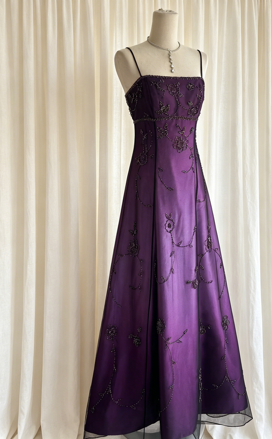 Lila Abschlussballkleid mit Farbverlauf, Spaghettiträgern, A-Linie, Chiffon, Perlen, langes Abendkleid ED07668