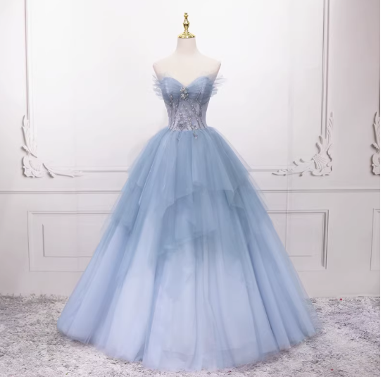 Blue A-Line Tulle Long Prom Dresses, Blue Tulle Formal Graduation Dresses ED0767