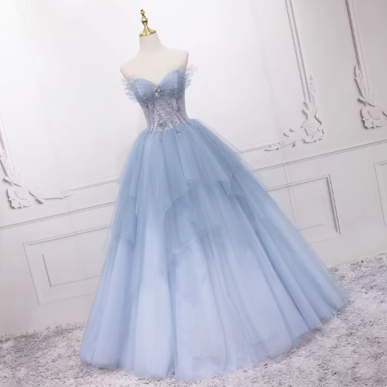 Blue A-Line Tulle Long Prom Dresses, Blue Tulle Formal Graduation Dresses ED0767