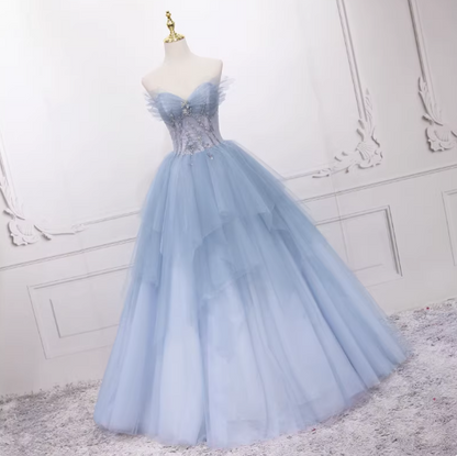 Blue A-Line Tulle Long Prom Dresses, Blue Tulle Formal Graduation Dresses ED0767