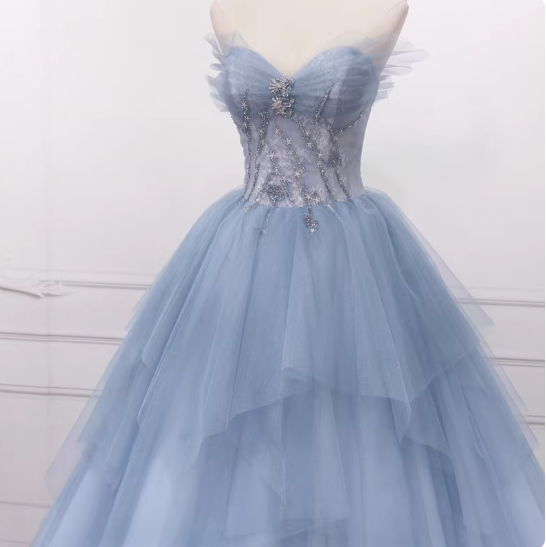 Blue A-Line Tulle Long Prom Dresses, Blue Tulle Formal Graduation Dresses ED0767