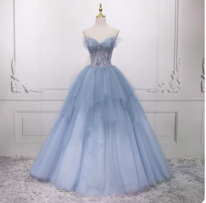 Blue A-Line Tulle Long Prom Dresses, Blue Tulle Formal Graduation Dresses ED0767