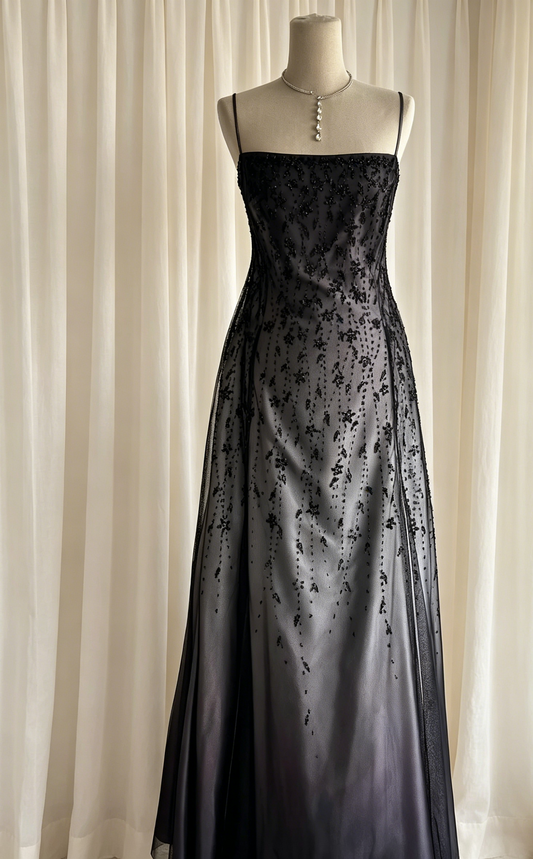 Grauer Ombré-Abschlussballkleid mit Spaghettiträgern, Etuikleid aus Chiffon mit Perlen, langes Abendkleid ED07670