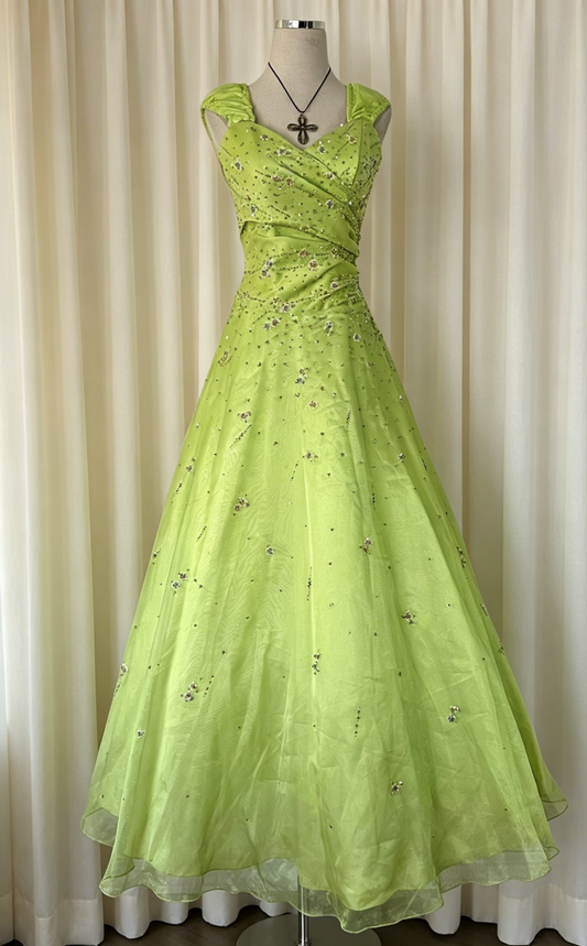 Green Prom Dress Straps A-Line Satin Beaded Long Evening Dress ED07671